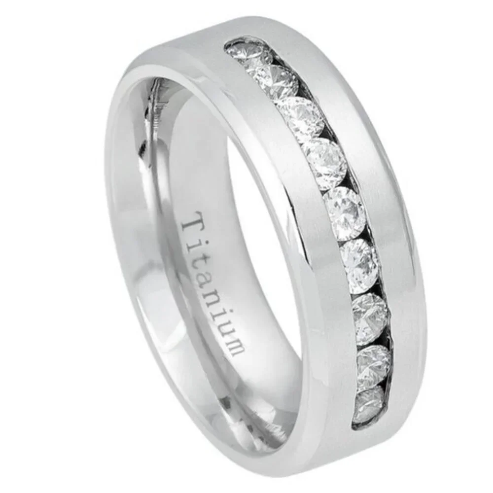 White IP Plated Titanium Ring Brushed Center Shiny Beveled Edge with 9 Channel